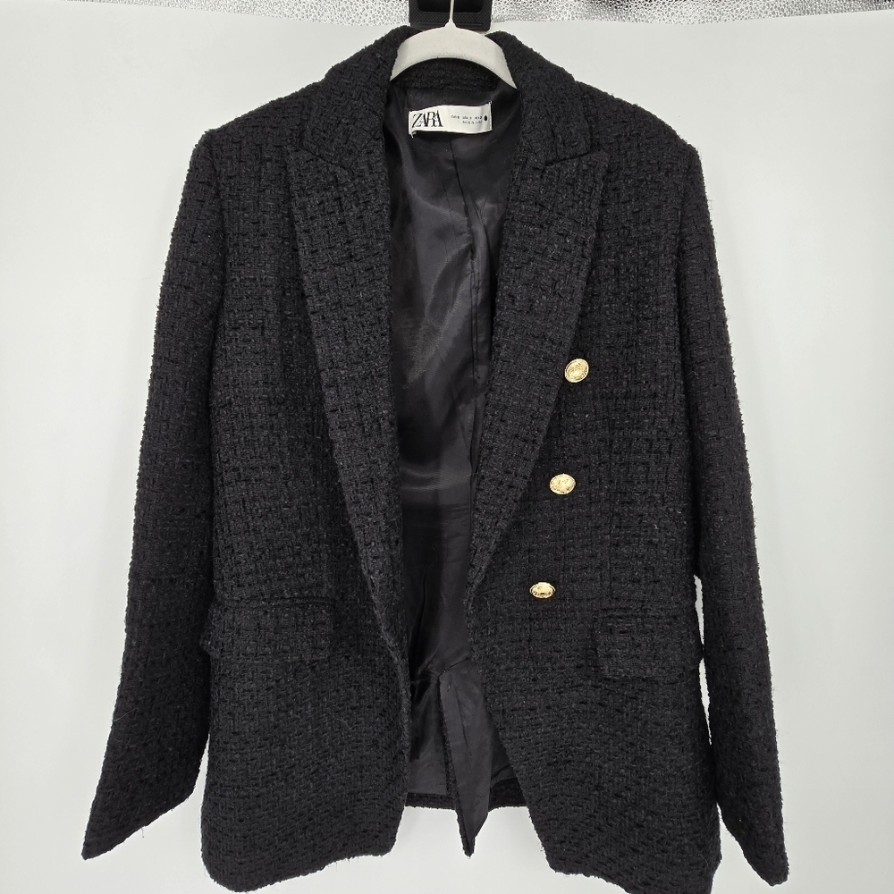 Zara black gold double breasted tweed blazer jacket classie size small - Picture 2 of 8